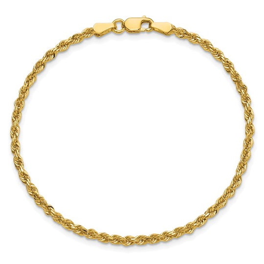 14K Yellow Gold 8" (2.25 mm) Diamond Cut Rope Bracelet with Lobster Clasp