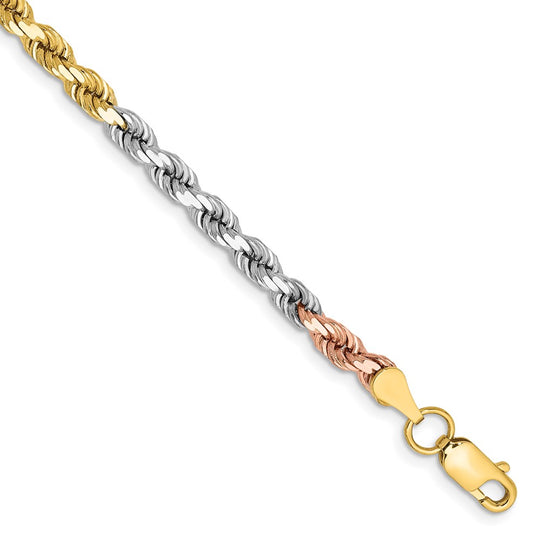 14K Tricolor Gold Bracelet – 7-inch, 4mm Diamond-Cut Rope Chain with Lobster Clasp