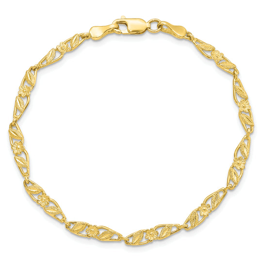 Polished 10k Solid Open Back Flower & Leaf Bracelet