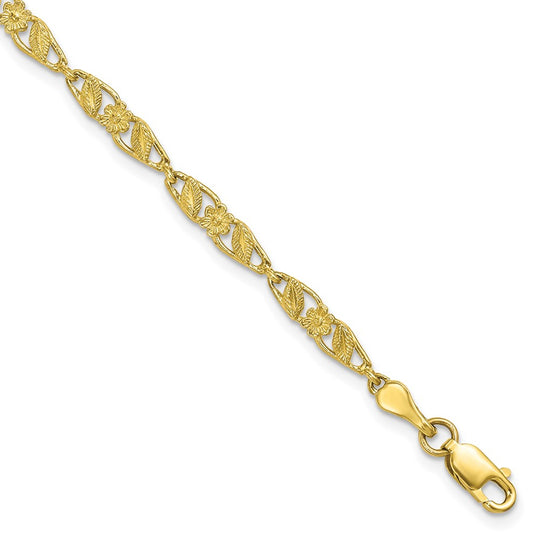 Polished 10k Solid Open Back Flower & Leaf Bracelet
