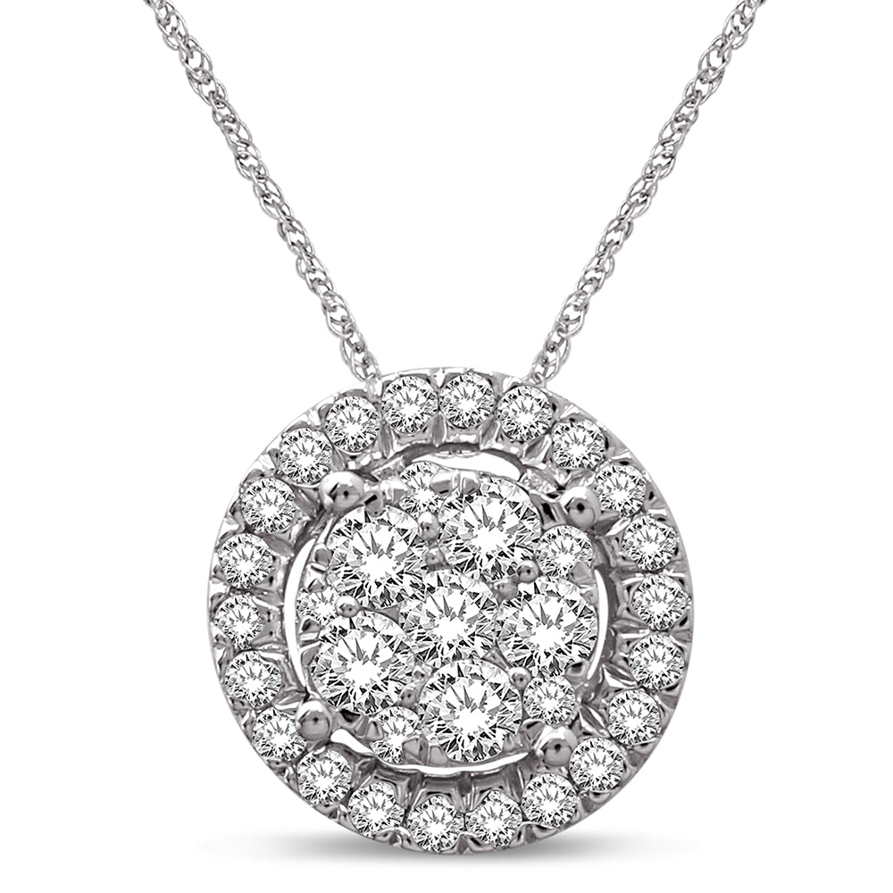 14K white gold, 3/4 carat total. Diamond flower pendant