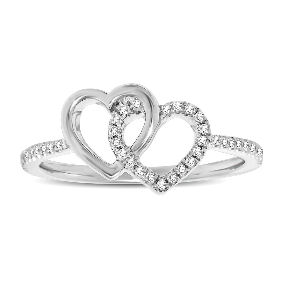 Anillo con Diamantes de 1/6 qt y Doble Corazón en Oro Blanco de 10k