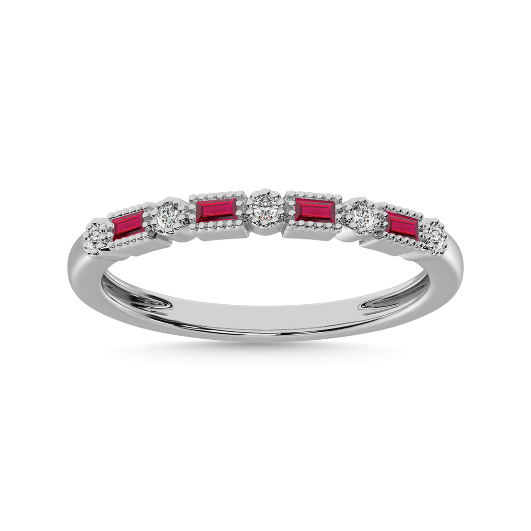 Banda Apilada en Oro Blanco de 10 qt con Rubí y Diamante Alternativo 1/3 Ct.Tw.