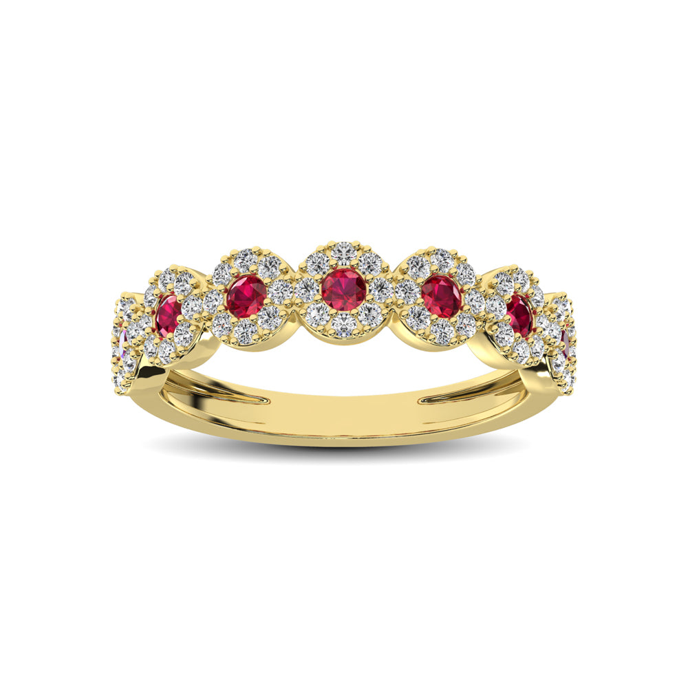 Oro amarillo de 14 quilates de 5/8 quilates total. Banda apilable de diamantes y rubíes