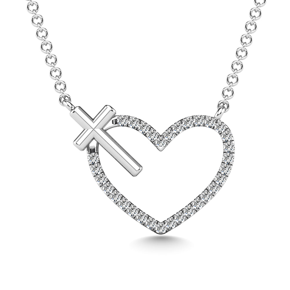 10K White Gold 1/10 Carat Total Diamond Heart and Cross Pendant