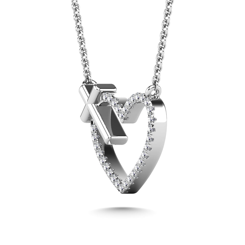 10K White Gold 1/10 Carat Total Diamond Heart and Cross Pendant