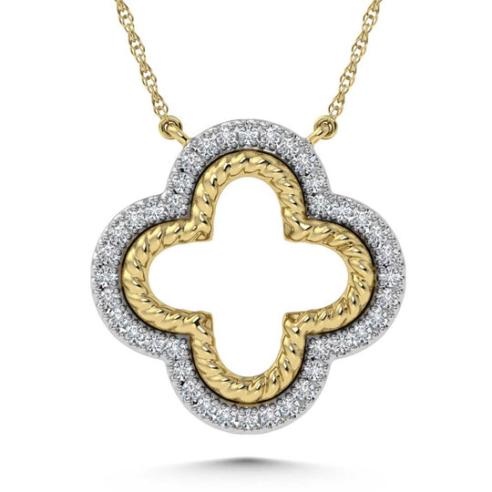 14-carat two-tone diamond, 1/6 carat total. Clover necklace