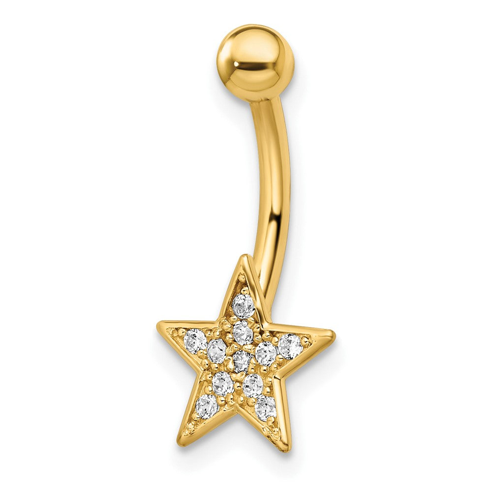 14 Gauge Polished Cubic Zirconia Star Belly Button Ring in 14k