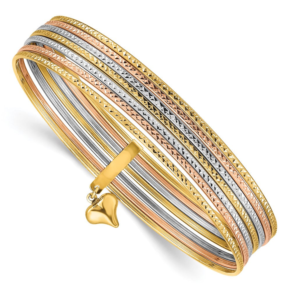Set of 14k Tri-Color Textured Bangle Bracelets with Dangling