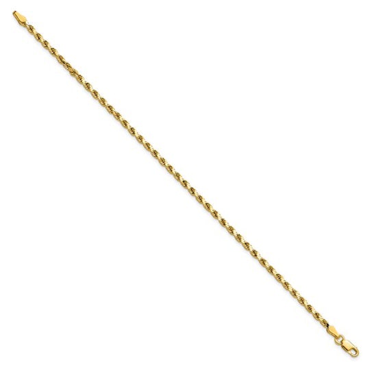 14K Yellow Gold 8 Inch 2.5mm Semi-Solid Diamond Cut Rope Bracelet with Lobster Clasp
