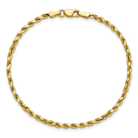 14K Yellow Gold 8 Inch 2.5mm Semi-Solid Diamond Cut Rope Bracelet with Lobster Clasp