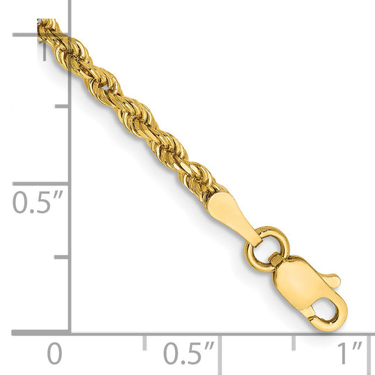 14K Yellow Gold 8 Inch 2.5mm Semi-Solid Diamond Cut Rope Bracelet with Lobster Clasp