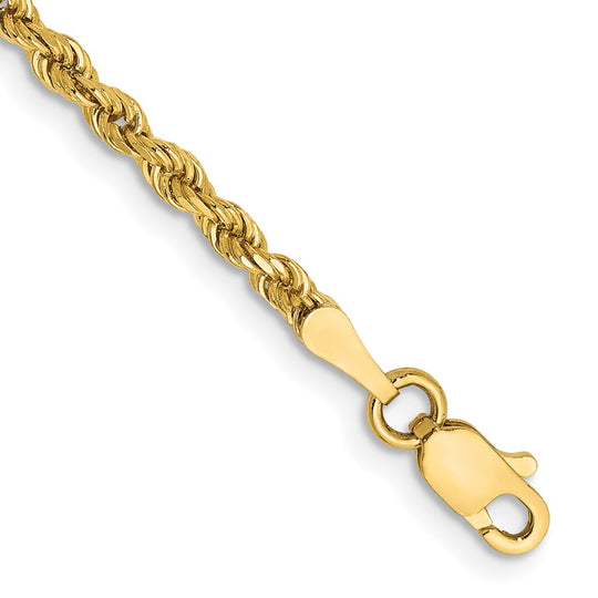 14K Yellow Gold 8 Inch 2.5mm Semi-Solid Diamond Cut Rope Bracelet with Lobster Clasp