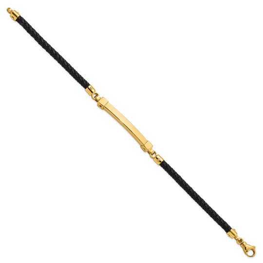 14K Gold Polished Bar Leather Bracelet