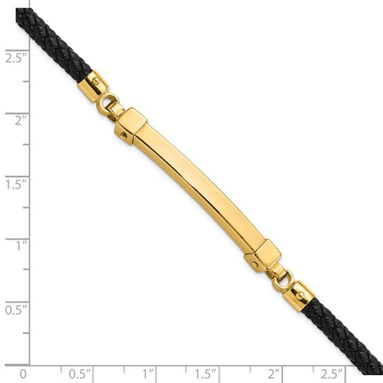 14K Gold Polished Bar Leather Bracelet