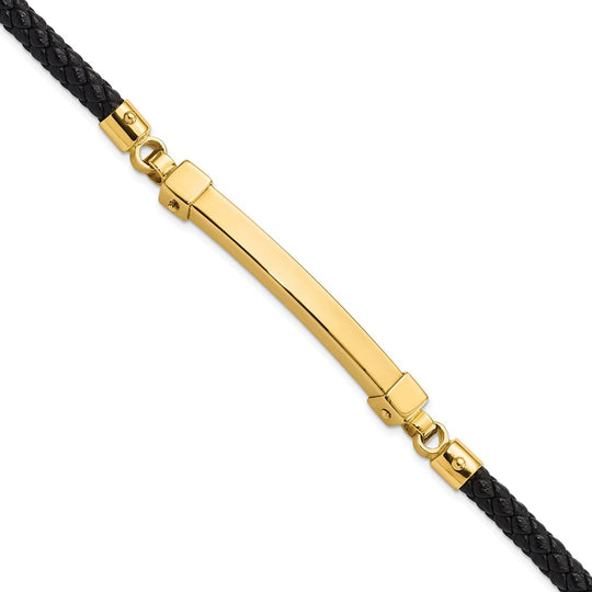 14K Gold Polished Bar Leather Bracelet