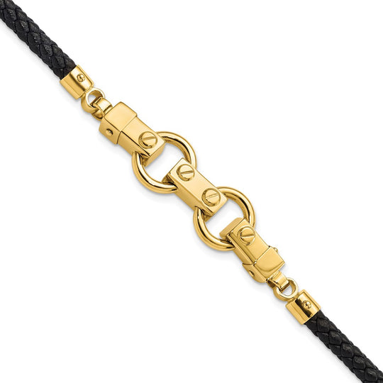 14K Fancy Link Bracelet with Polished Leather