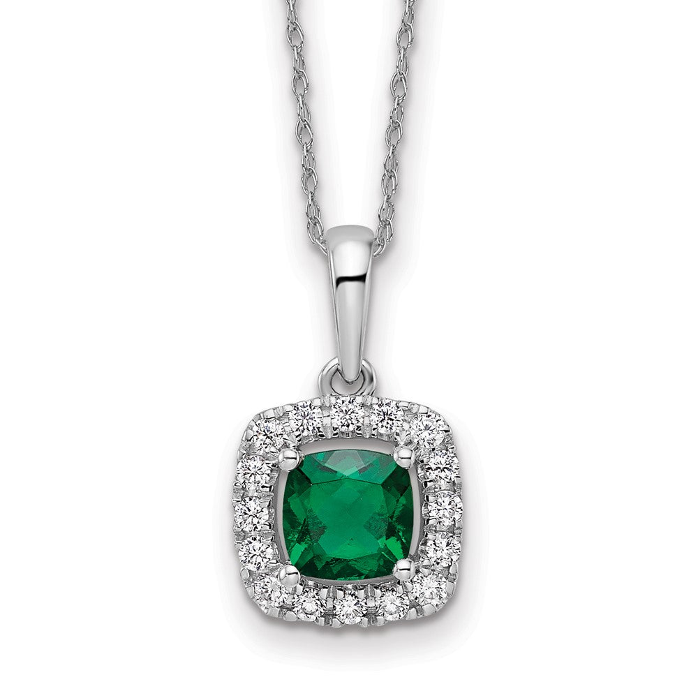 Created Emerald Halo Pendant with 10K Lab Grown VS/SI FGH Diamond and Chain