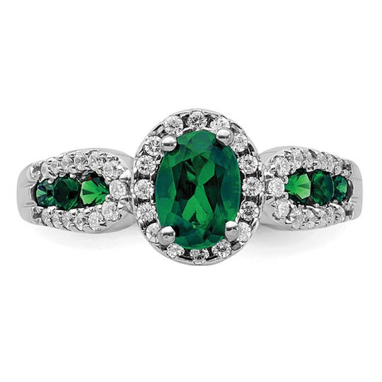 10k White Gold Ring with Lab-Created Diamond and Lab-Created Oval Emerald
