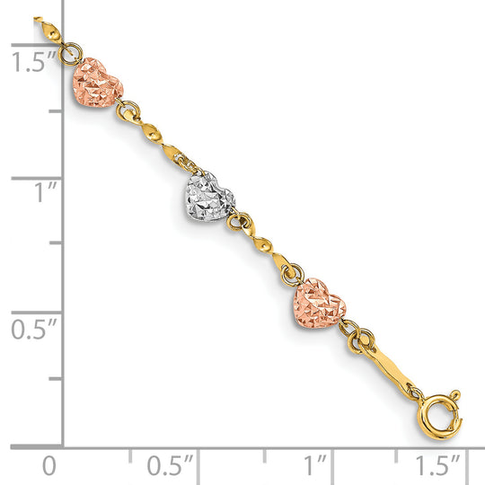 Diamond-Cut Puffed Heart Bracelet in 14k Tri-Color Gold