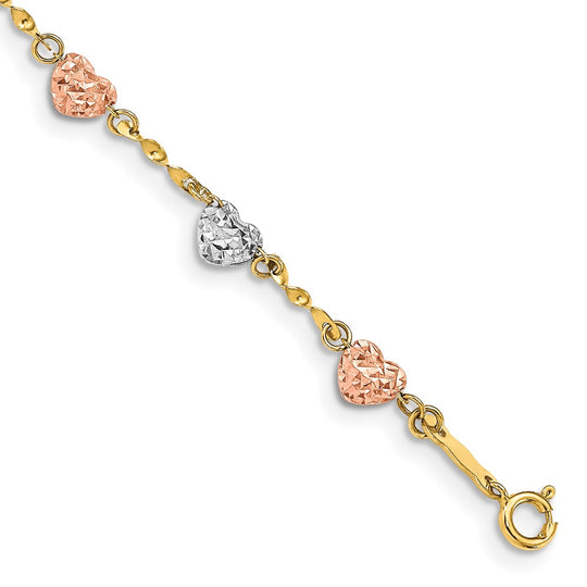 Diamond-Cut Puffed Heart Bracelet in 14k Tri-Color Gold