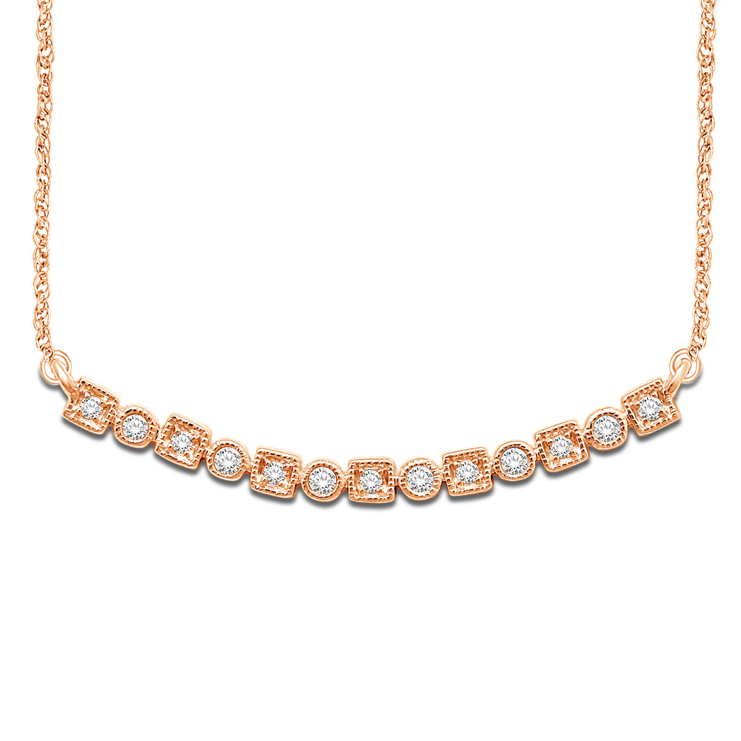 14K rose gold, 1/8 carat total. Diamond stackable necklace