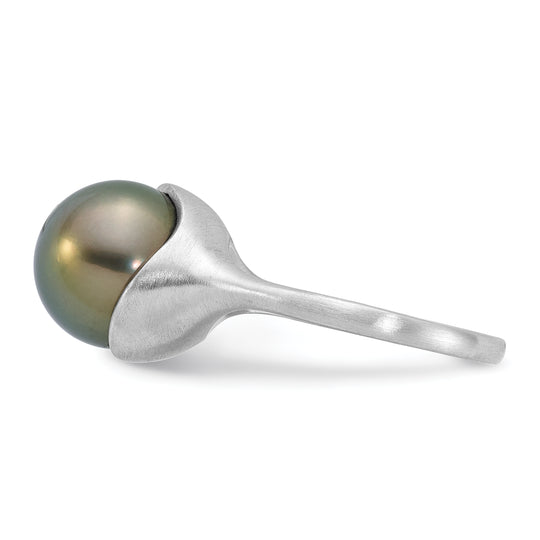 10-11mm Black Tahitian Saltwater Cultured Pearl Ring in 14k White Gold with Brushed Finish