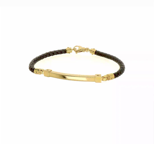 14K Gold Polished Bar Leather Bracelet