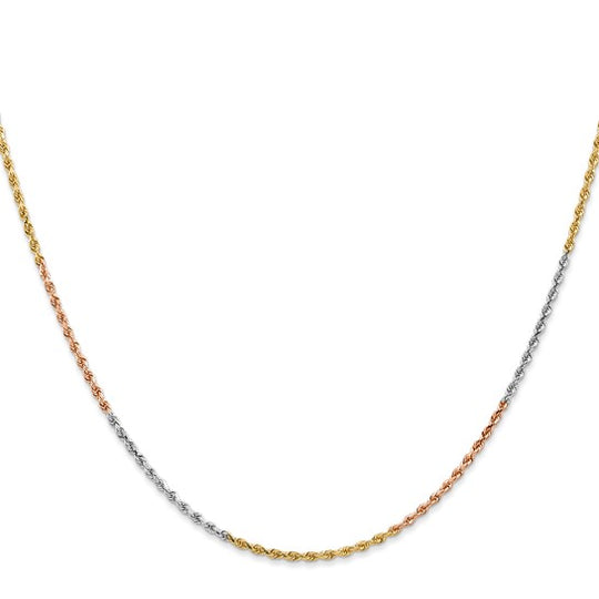 14K Tri-Color Rope Chain, 24 Inches, 1.5mm Diamond Cut with Lobster Clasp