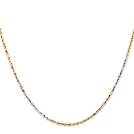 Cadena de Cuerda Tricolor de 14K, 24 Pulgadas, 1.5 mm con Corte Tipo Diamante y Broche Tipo Langosta