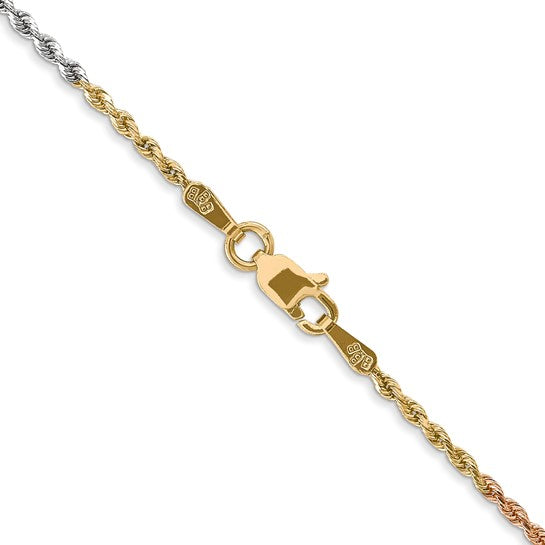 14K Tri-Color Rope Chain, 24 Inches, 1.5mm Diamond Cut with Lobster Clasp