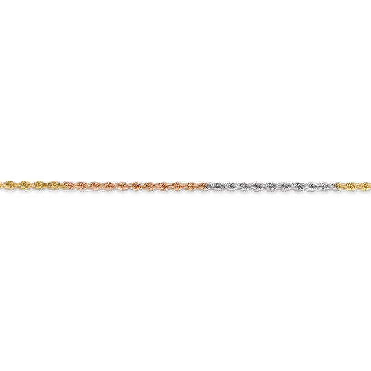 14K Tri-Color Rope Chain, 24 Inches, 1.5mm Diamond Cut with Lobster Clasp
