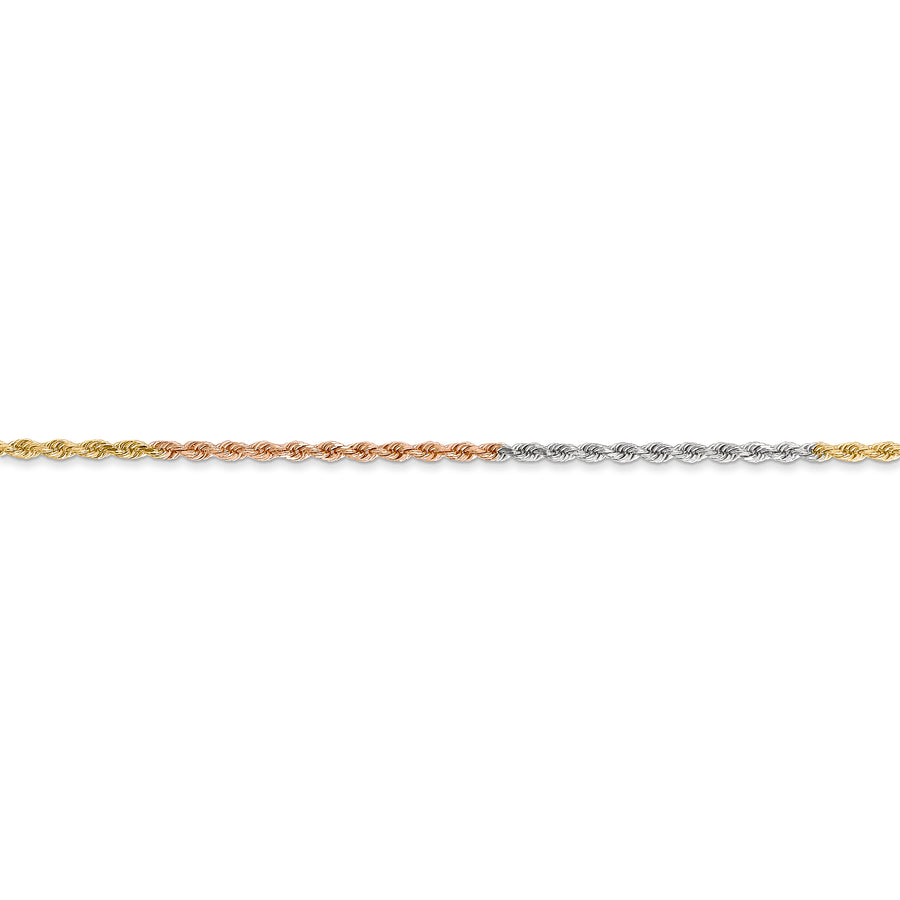 Cadena de Cuerda Tricolor de 14K, 24 Pulgadas, 1.5 mm con Corte Tipo Diamante y Broche Tipo Langosta