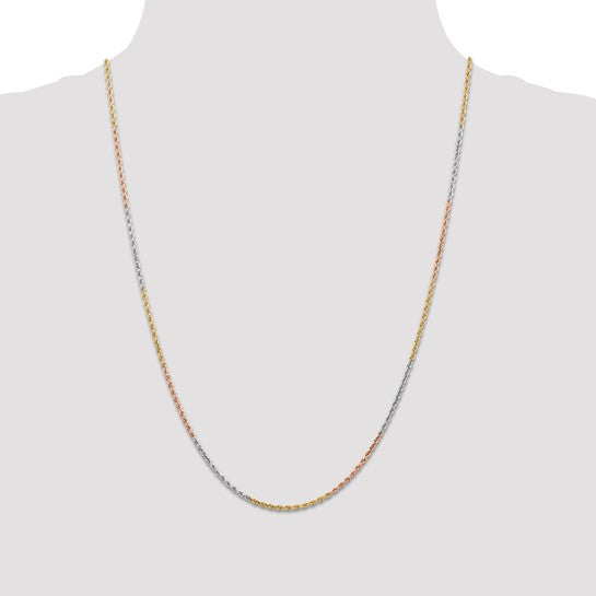 Cadena de Cuerda Tricolor de 14K, 24 Pulgadas, 1.5 mm con Corte Tipo Diamante y Broche Tipo Langosta