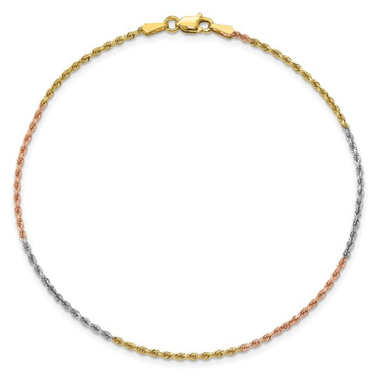 Tobillera de Oro Tricolor 14K de 9 pulgadas, 1.5 mm, Tipo Cuerda con Cierre de Langosta