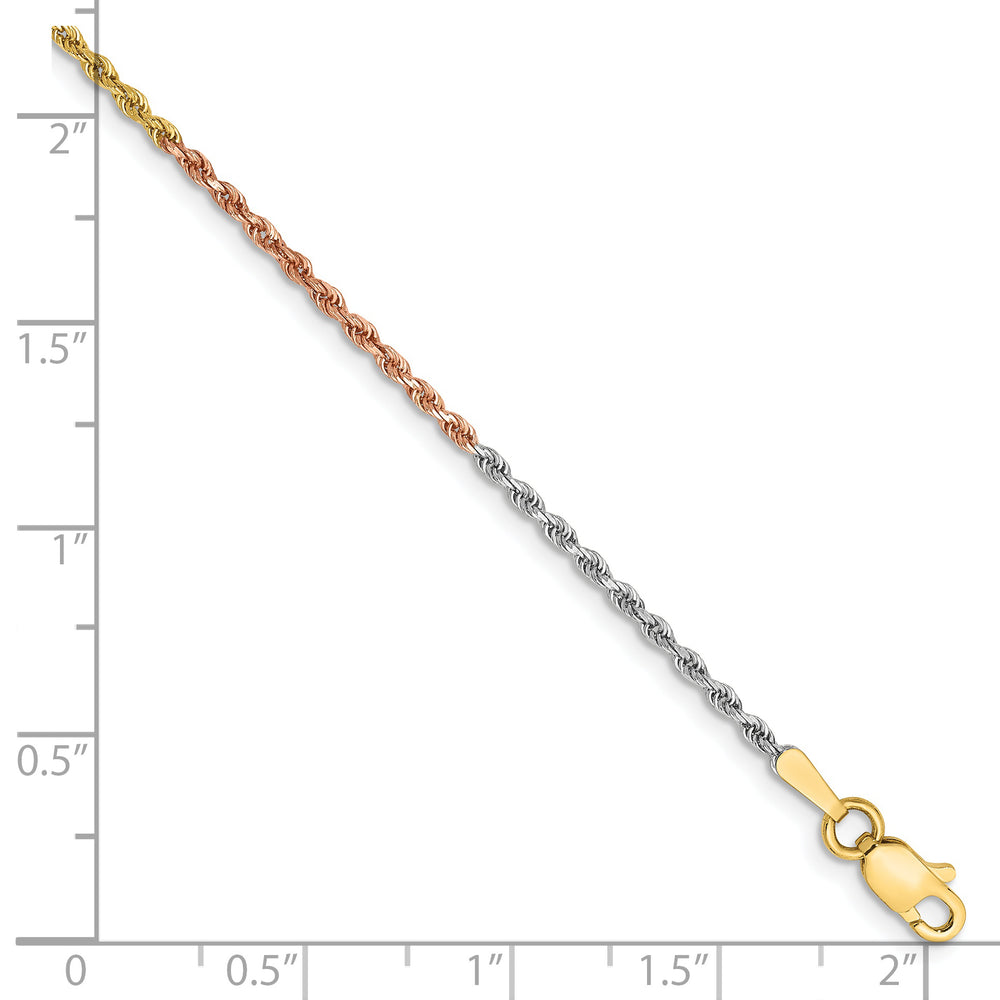 Tobillera de Oro Tricolor 14K de 9 pulgadas, 1.5 mm, Tipo Cuerda con Cierre de Langosta