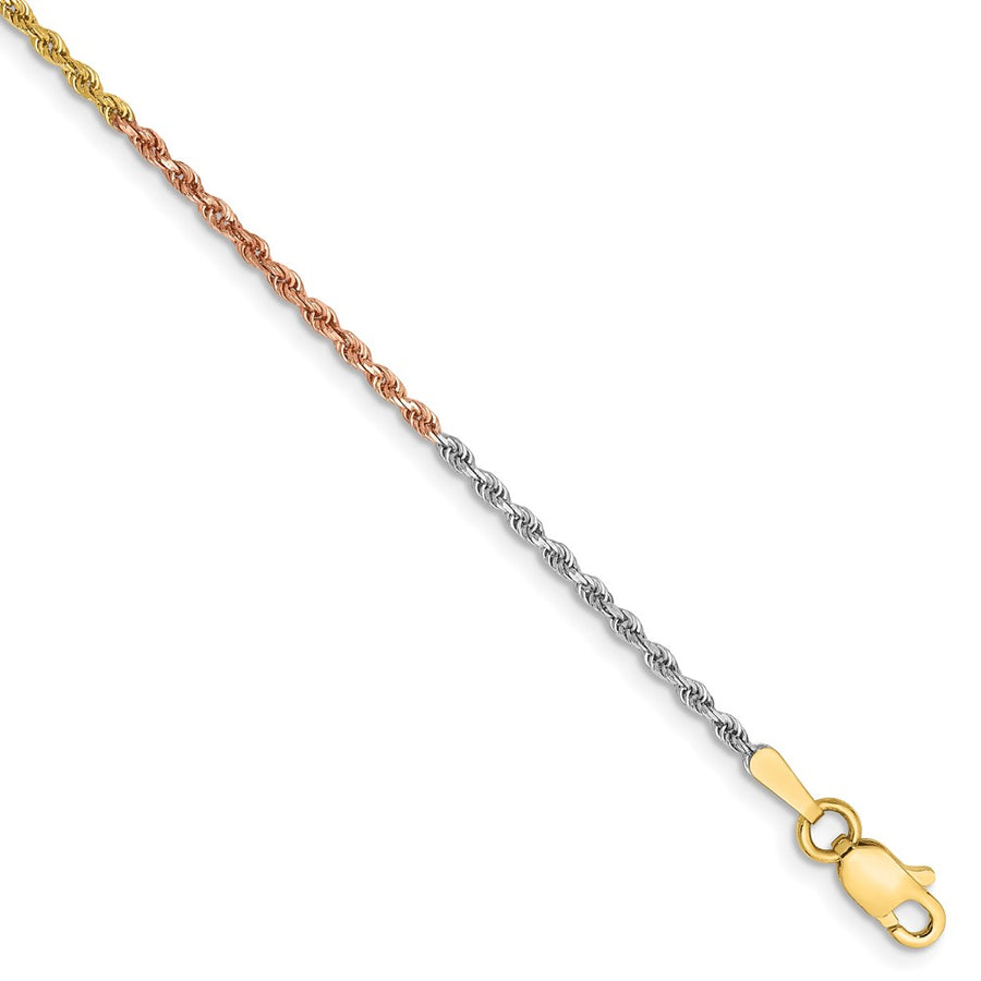 Tobillera 14K Tri-Colores de 10 Pulgadas, 1.5 mm, Cuerda Cortada con Diamantes y Cierre de Langosta
