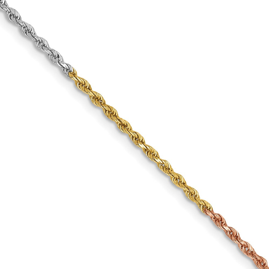 Cadena de Cuerda Tricolor de 14K, 24 Pulgadas, 1.5 mm con Corte Tipo Diamante y Broche Tipo Langosta