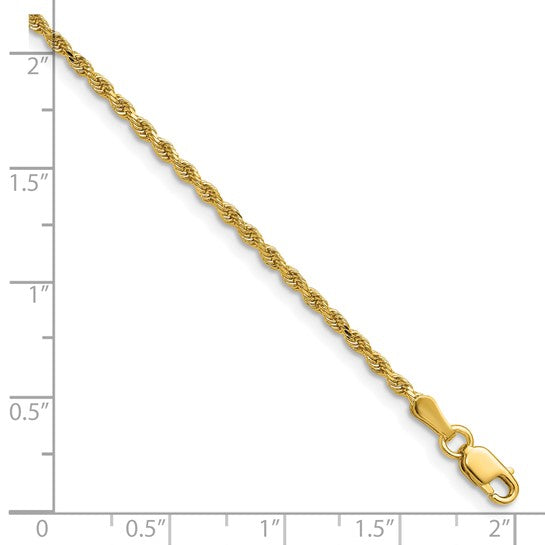 Cadena de Cuerda en Oro Amarillo de 14K, 28 Pulgadas, 1.75 mm con Corte Diamante y Broche de Langosta