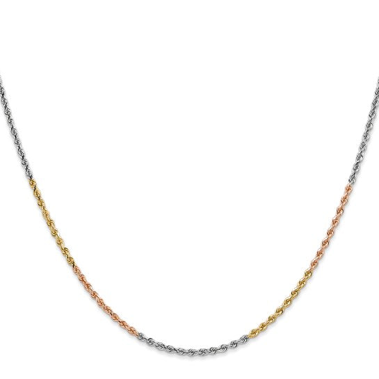 14K Tri-Color Gold Rope Chain, 24 Inches, 1.75 mm Diamond Cut with Lobster Clasp