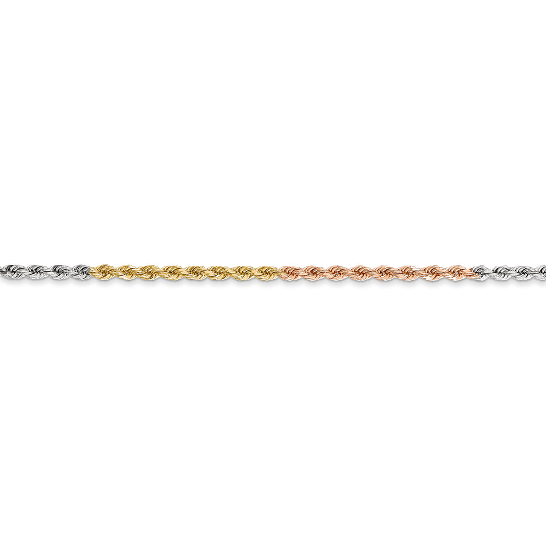 14K Tri-Color Gold Rope Chain, 24 Inches, 1.75 mm Diamond Cut with Lobster Clasp
