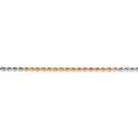 14K Tri-Color Gold Rope Chain, 24 Inches, 1.75 mm Diamond Cut with Lobster Clasp