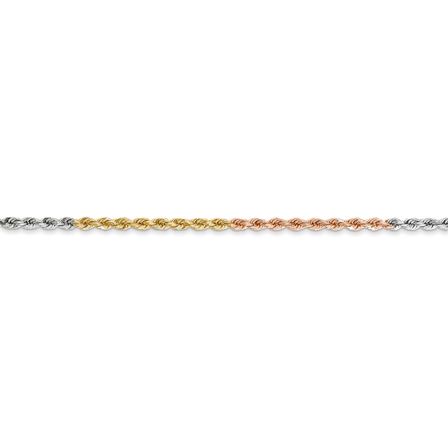 Cadena de Cuerda Tricolor de 14K, 16 Pulgadas, 1.75 mm con Corte Tipo Diamante y Broche Tipo Langosta