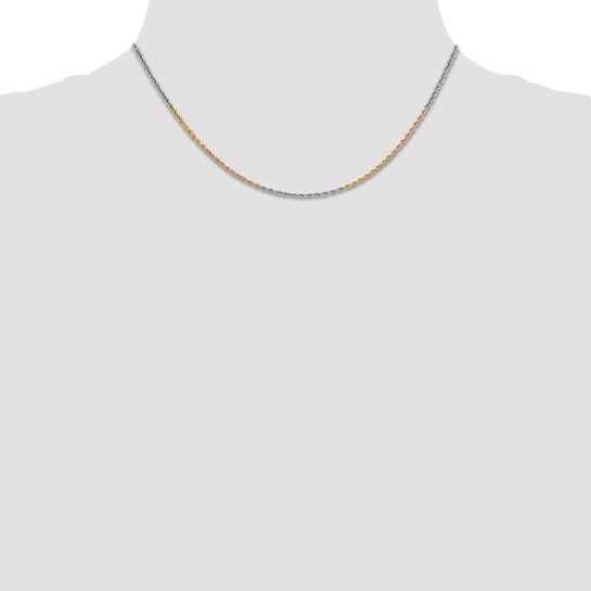 Cadena de Cuerda Tricolor de 14K, 16 Pulgadas, 1.75 mm con Corte Tipo Diamante y Broche Tipo Langosta