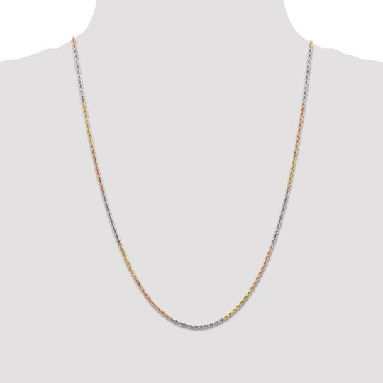 14K Tri-Color Gold Rope Chain, 24 Inches, 1.75 mm Diamond Cut with Lobster Clasp