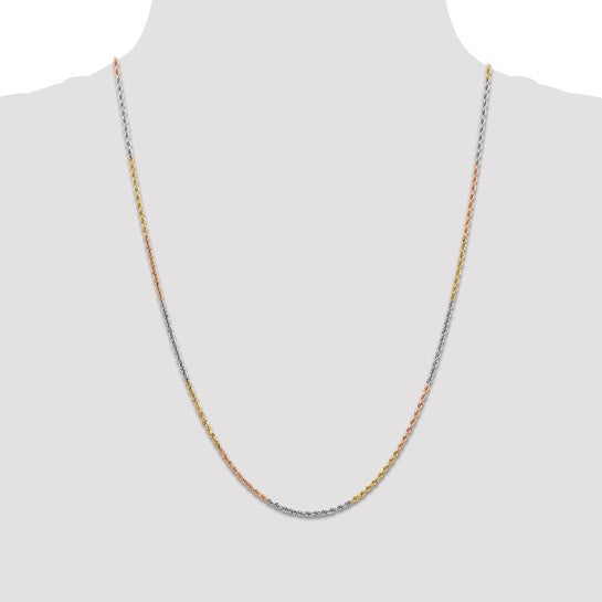 Cadena de Cuerda en Oro Tricolor de 14K, 24 Pulgadas, 1.75 mm con Corte Diamante y Broche de Langosta