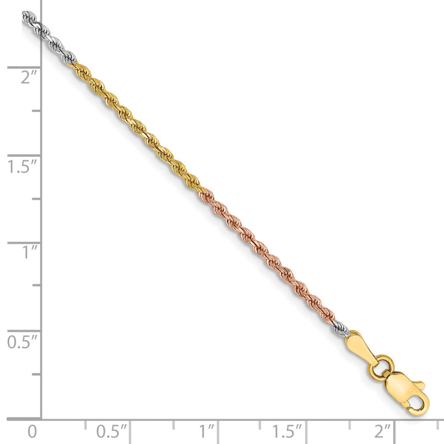 Tobillera de Oro Tri-color de 14K con Cadena de Cuerda Diamantada de 1.75mm de 9 Pulgadas