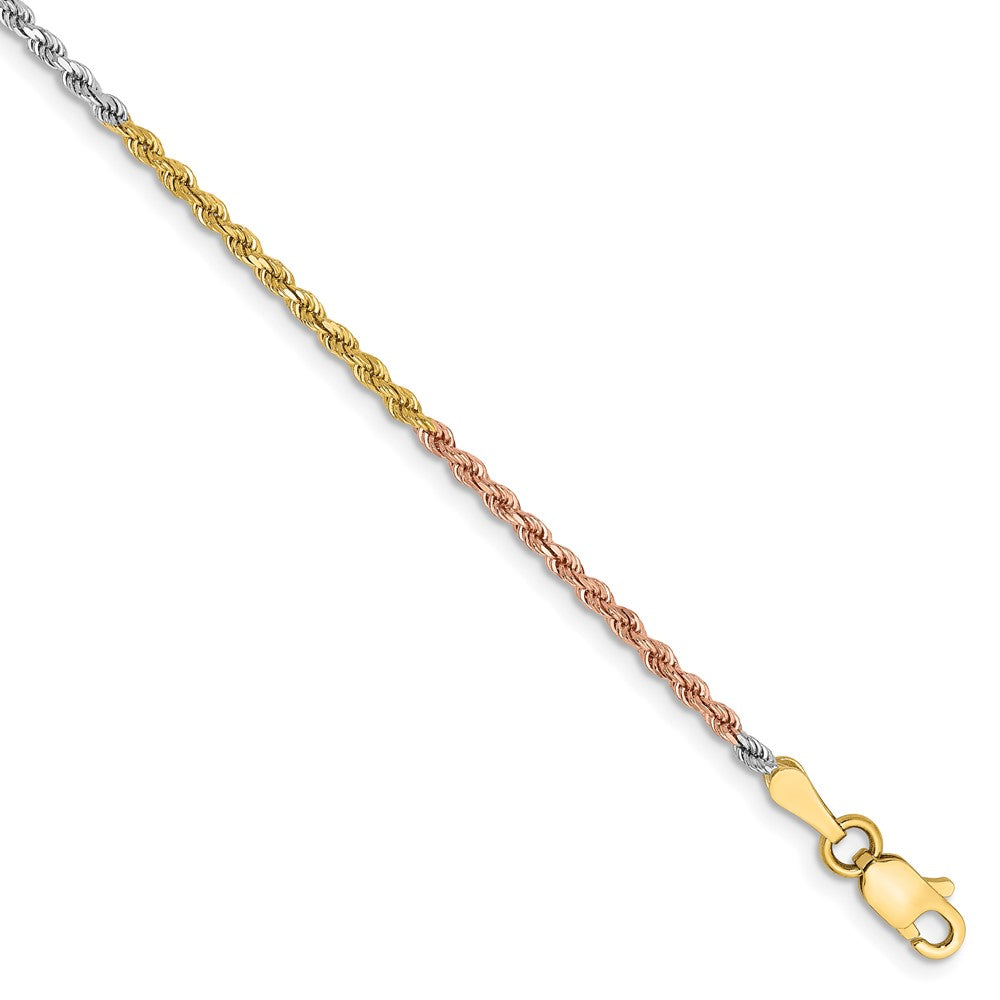 Tobillera de Oro Tri-Color de 14K de 10 Pulgadas y 1.75 mm con Cierre de Langosta y Corte Diamante