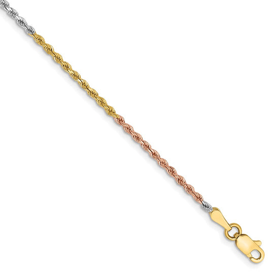 Tobillera de Oro Tri-Color de 14K de 10 Pulgadas y 1.75 mm con Cierre de Langosta y Corte Diamante