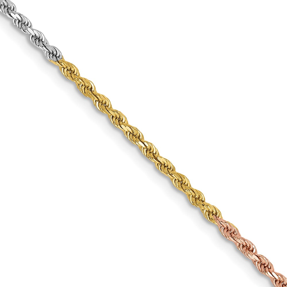 14K Tri-Color Gold Rope Chain, 24 Inches, 1.75 mm Diamond Cut with Lobster Clasp